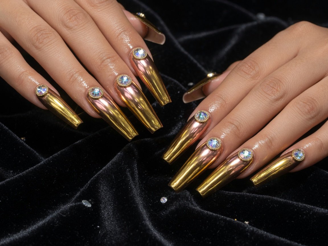 Gold chrome solar powder nail enhancement