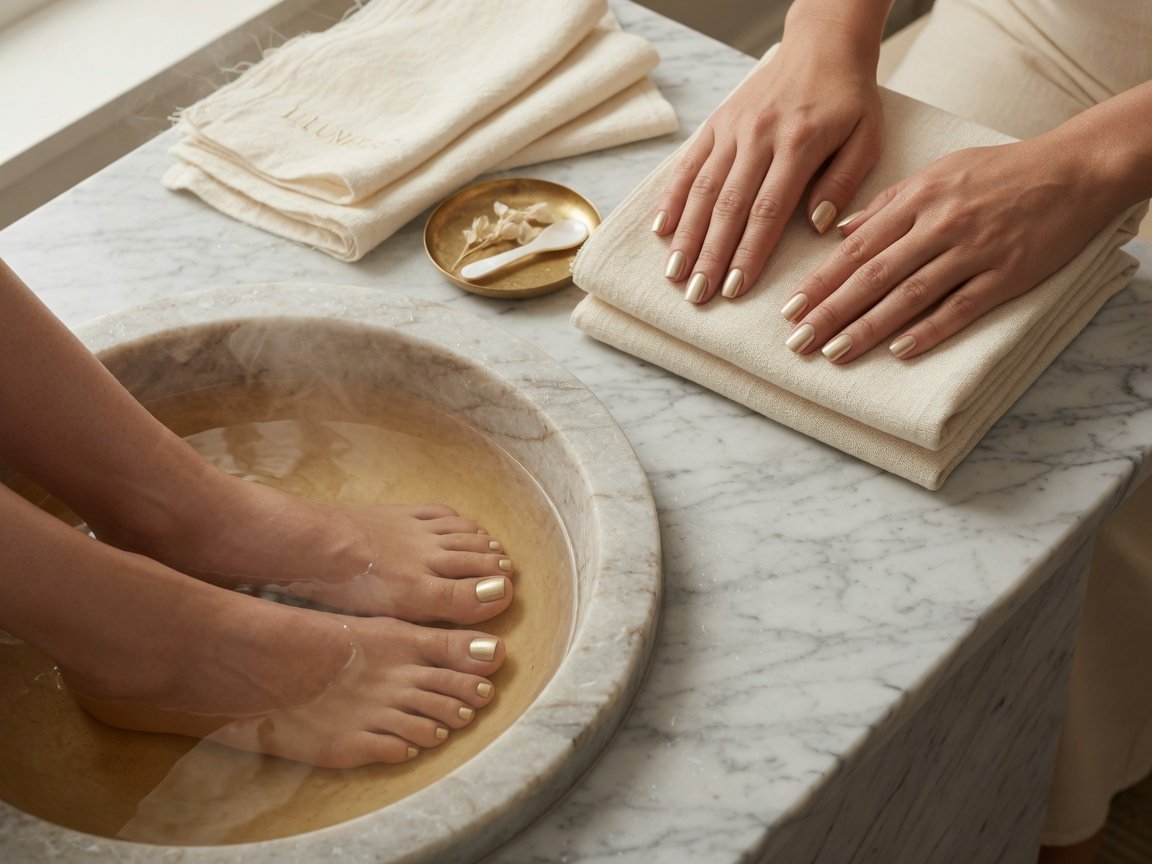 Champagne Shellac manicure beside a matching spa pedicure