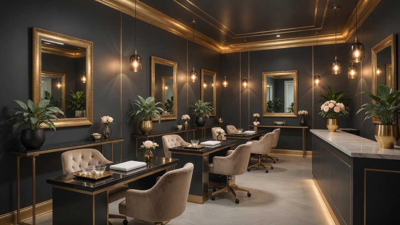 Gold-lit manicure studio interior