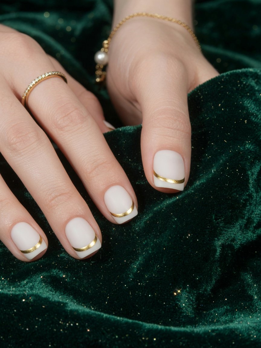 Milky manicure with a thin gold micro-French line