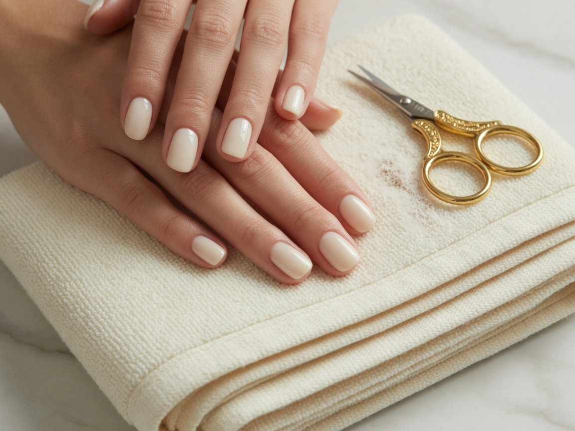 Classic natural manicure on ivory towel
