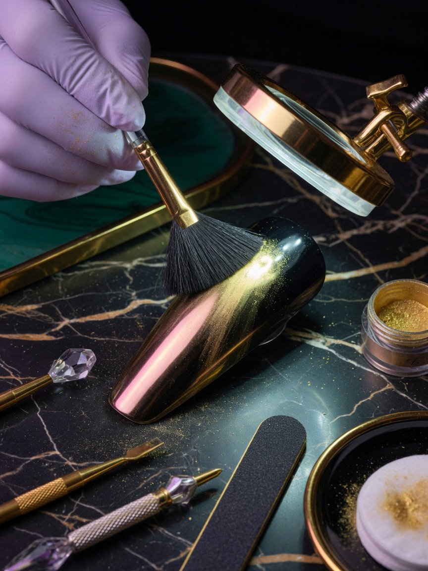 Technician applying gold chrome powder to a sculpted nail
